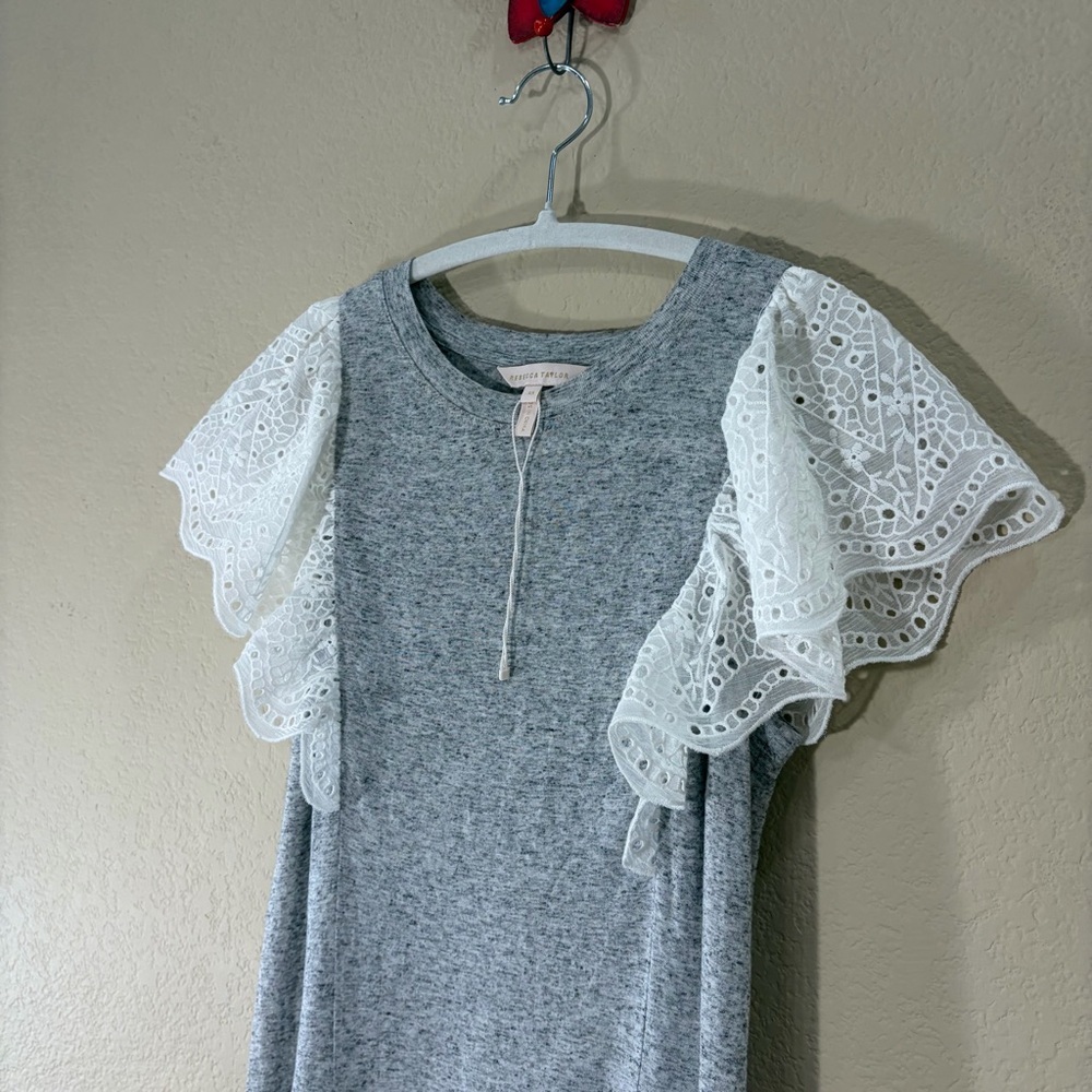 NWT Rebecca Taylor Eyelet Sleeve Jersey Dress Gray White Short Ruffle Hem Sz XS - Picture 4 of 13
